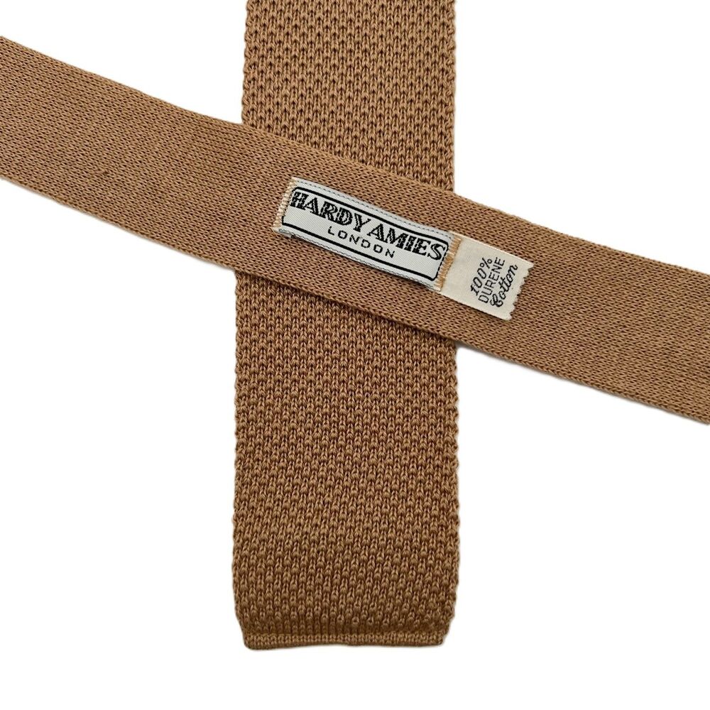 Vintage Hardy Amies London Durene Cotton Knit Tie Camel Square End England